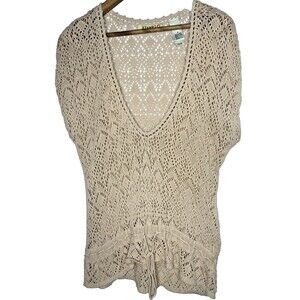 STAMP 10 Sweater Open Crochet V-Neck Boho Cottagecore Hippie Top Womens M Beige